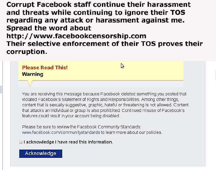 Facebook threats and harassment www.facebookcensorship.com