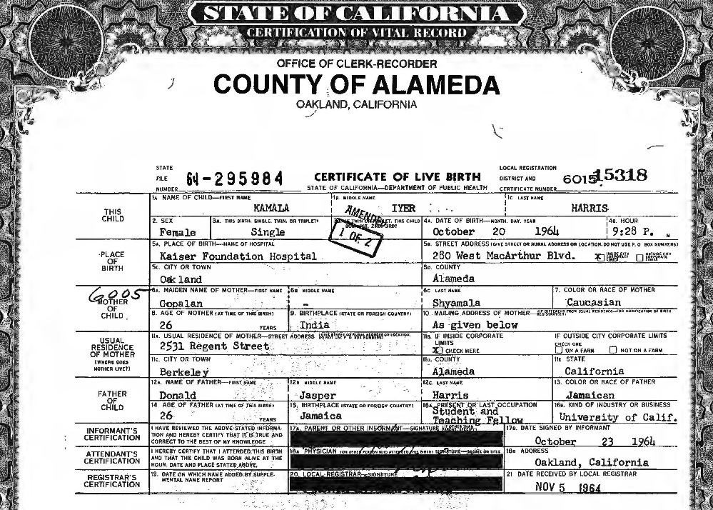 Kamila Harris birth certificate